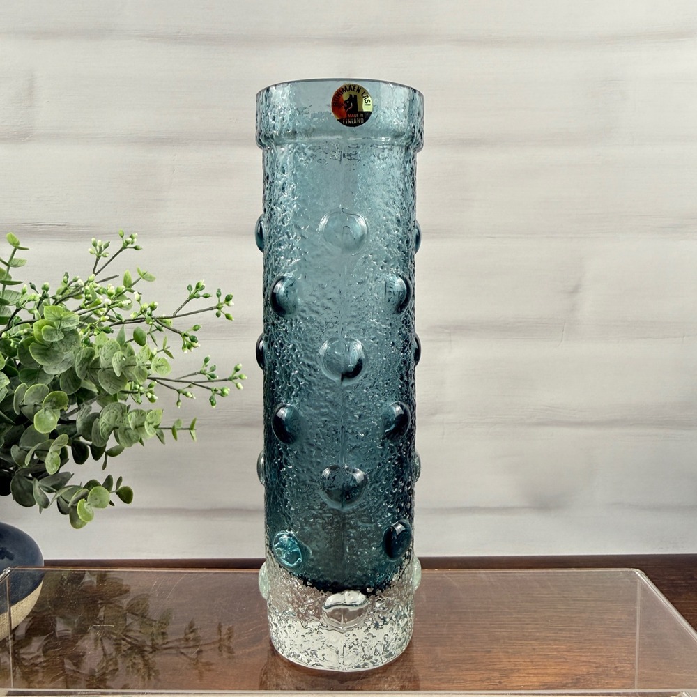 Riihimäen Lasi 1462 Vase Tamara Aladin Blue Textured Finnish Art Glass